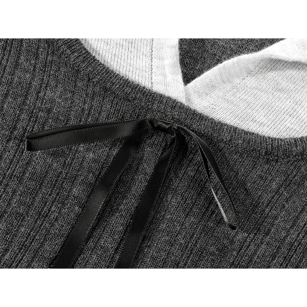 딥 그레이 빈티지 플래드 니트 셔츠 슬림핏 스플라이스 페이크 투피스 스타일 숏 기장 V넥 긴팔 여성 패션