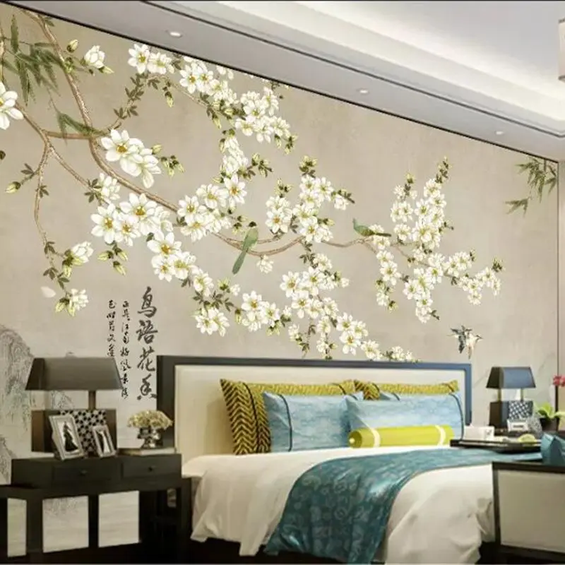 

Beibehang Custom wallpaper 3d mural bird language flower magnolia flower bird ink landscape TV bed background wall paper mural