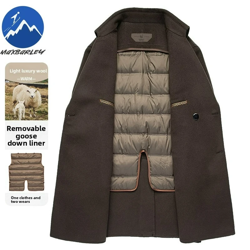 Maxbarley Winter New Wool Jacket Luxurious Outdoor Work Warm Long Wool Coat Detachable Goose Down Lining Double Breasted Coats