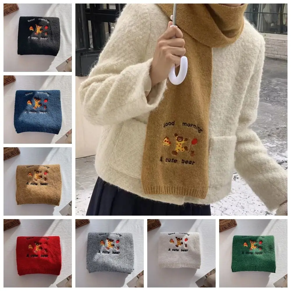 Simple Letter Wool Scarf Embroidered Bear Cashmere Knitted Scarves Cute Korean Style Scarves Embroidery Little Bear Shawl Male