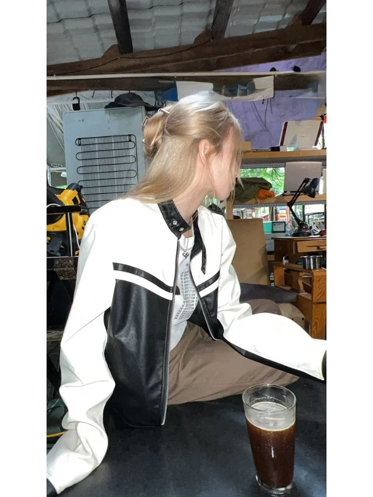 Y2k Vintage PU Leather Jacket Womens White and Black Contrast Baseball Fashion Jackets Loose Harajuku Female Punk Coat