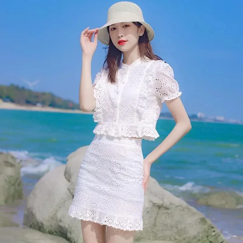 Woman Outfit Skirt Beach Kawaii White Long Sleeve 2 Pieces Sets for Women Mini Short Lightly Cooked Vacation 2024 Top and Bottom