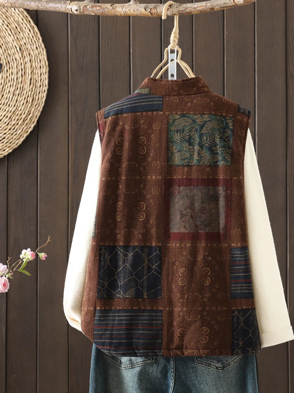 

Thiened Cotton Linen Vest Chinese Sle Floral Print Button Women's Warmth Autumn Winter Faion Retro Sle Svel Top