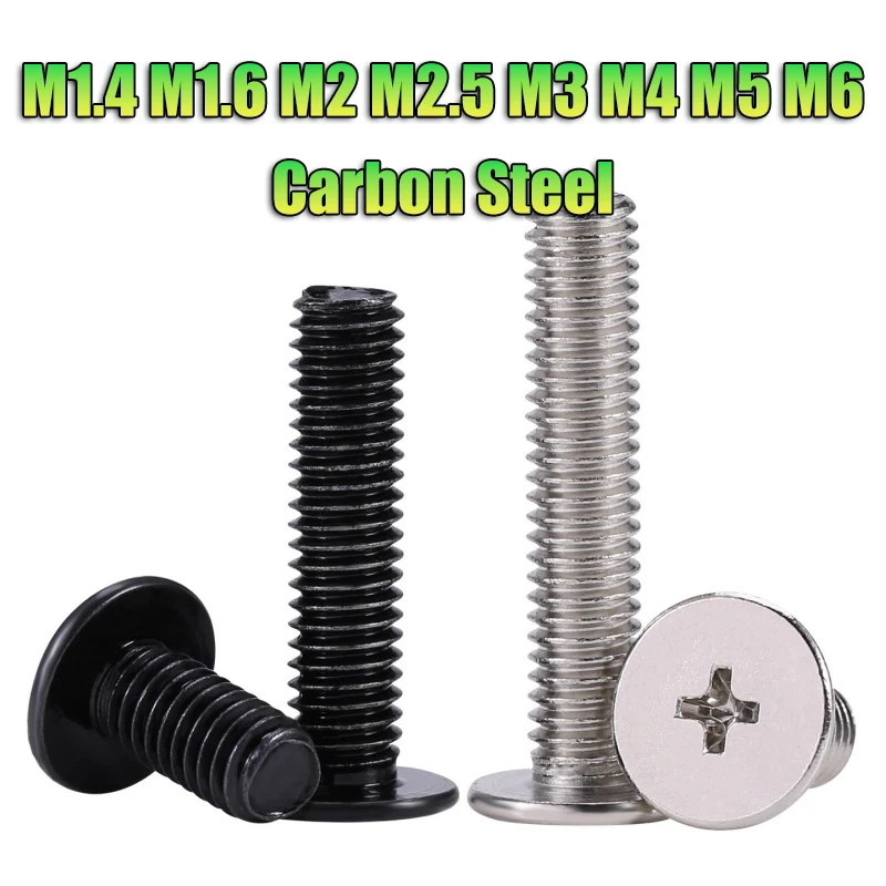 M1.4 M1.6 M2 M2.5 M3 M4 M5 M6 CM Black Carbon Steel / Nickel Plated Phillips Laptop Screw Cross Ultra Thin Flat Wafer Head Bolts