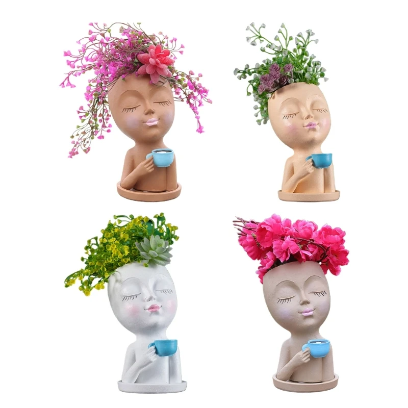 Coffee Girl Statue Flower Vase Resin Flowerpot for Home Living Room Decoration Drop shipping