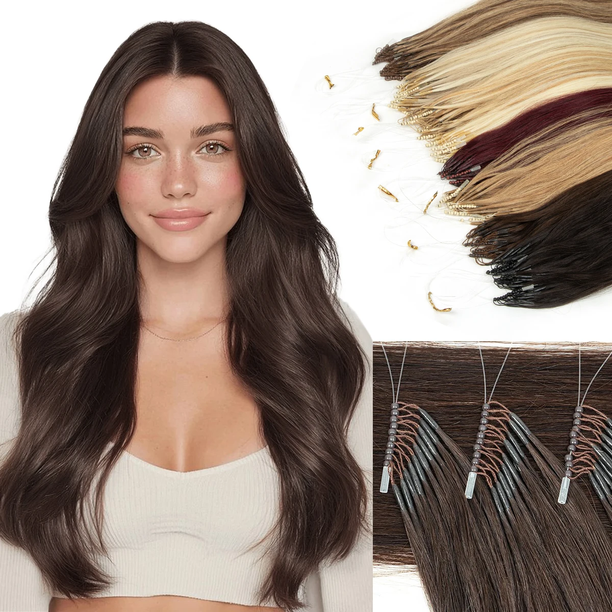 

8D Micro Link Hair Extensions Human Hair Nano Rings With Fish Line Hair Extension Invisible Mechine Remy 0.6g/pcs 50strands/pack