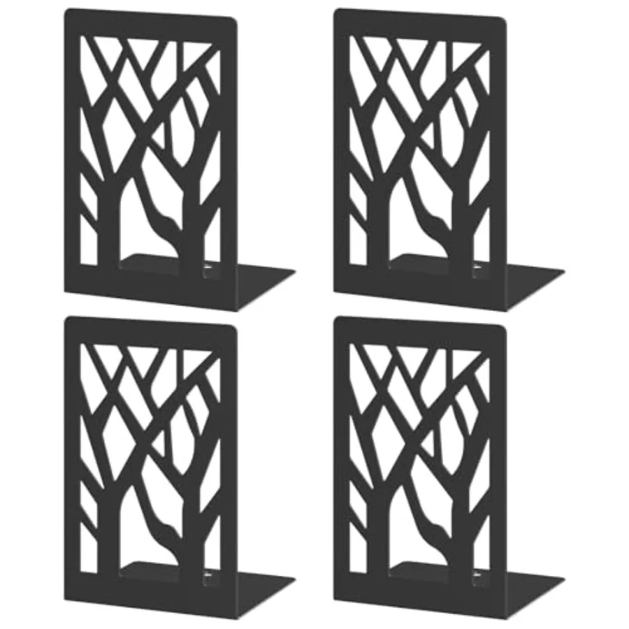 4-Piece Modern Metal Bookends for Shelves, Black Tree Book Ends for Books, Decorative Book Organizer for Desk, Non-Skid Shelve