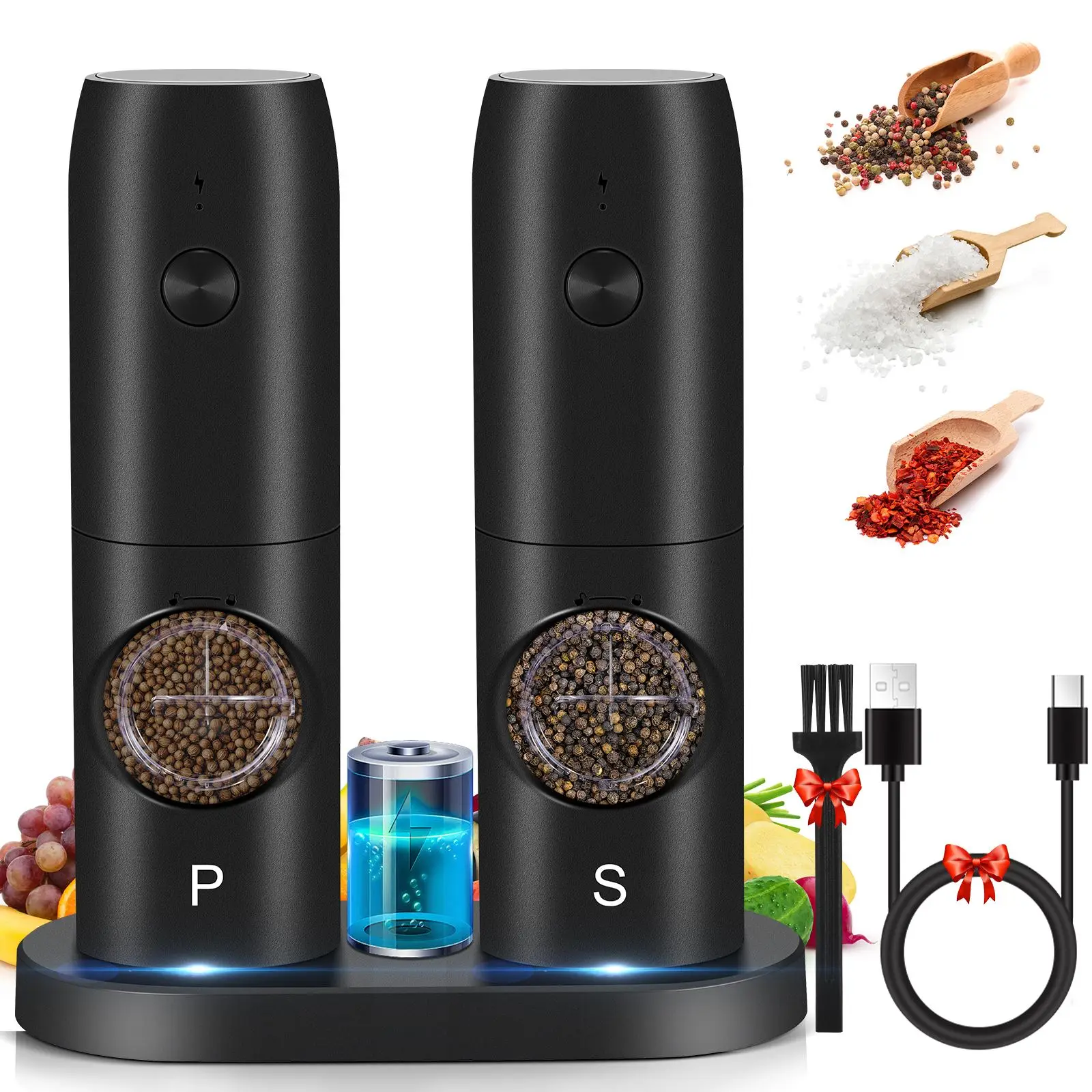 

Electric Salt Grinder USB Rechargeable Automatic Pepper Grinders With LED Light Adjustable Coarseness Spice Mill Kitchen Tool