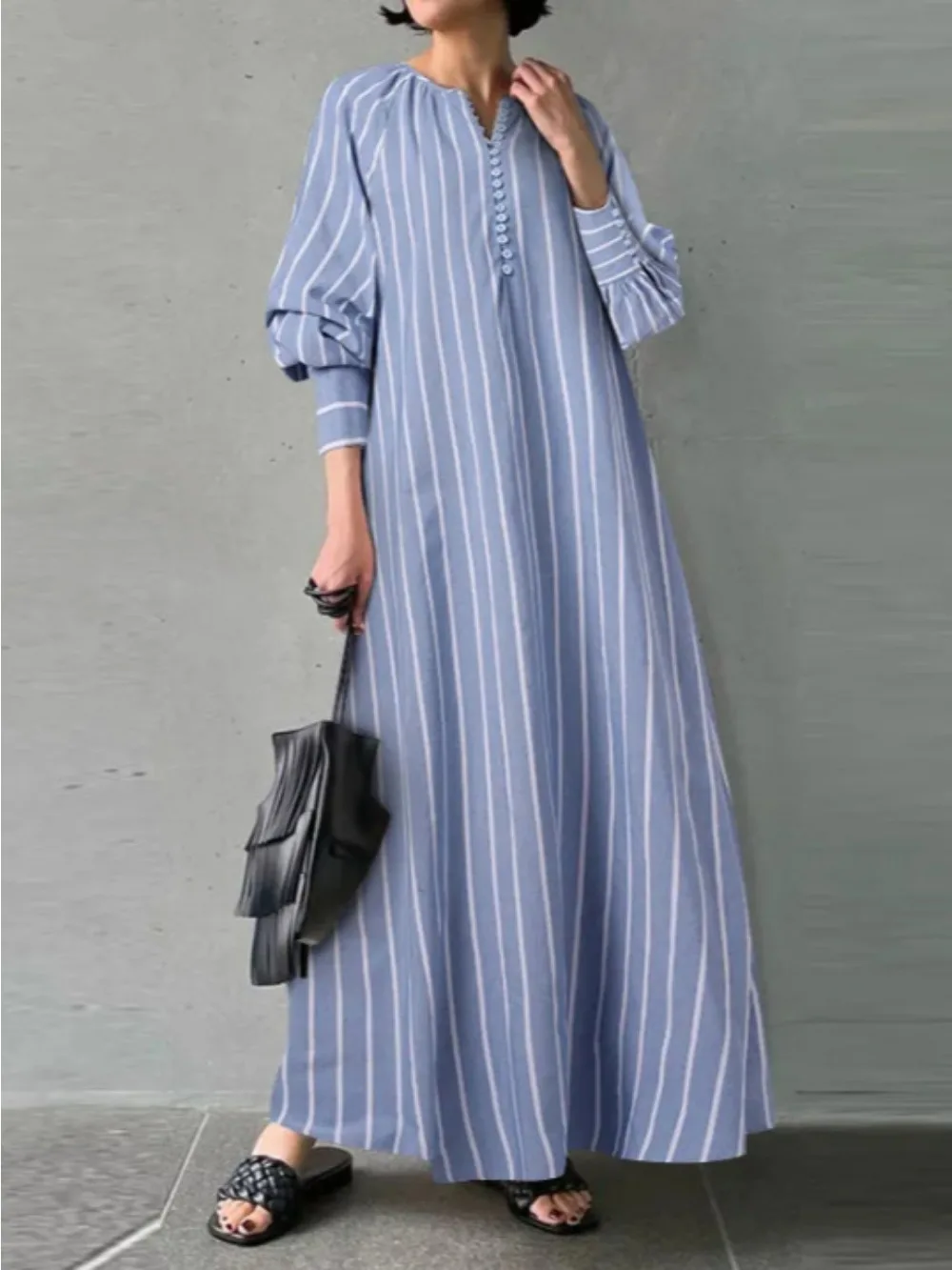 Casual Shirt Dress for Women Muslim Abaya Striped O Neck Long Sleeves Loose Woman Dresses Caftan Kaftan Vestidos Largos 2024