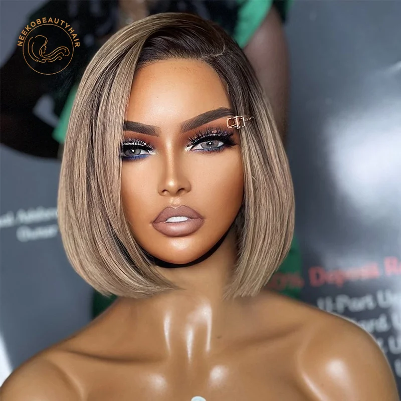 1B Brown Ombre Lace Front Human Hair Wig Transparent Lace Frontal Wig Honey Blonde Ombre Ash Blonde Short Straight Bob Wigs