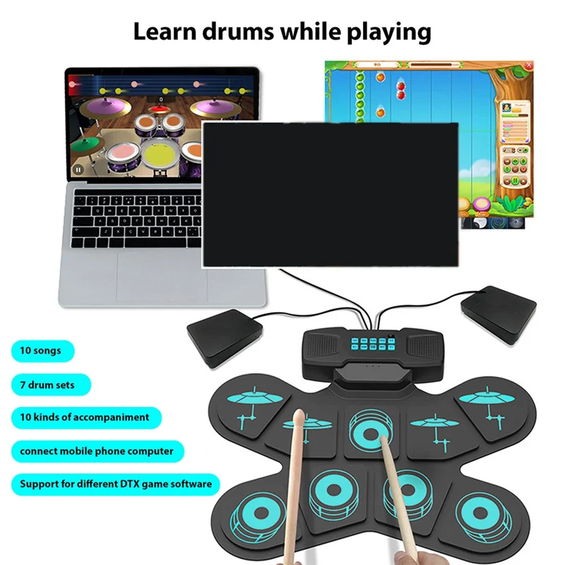 

BA-Electronic Drum Set Hand Roll Drum 9 Pads Dual Speaker Rechargeable Practice Pad Drum Kit With Drumsticks Foot Pedal