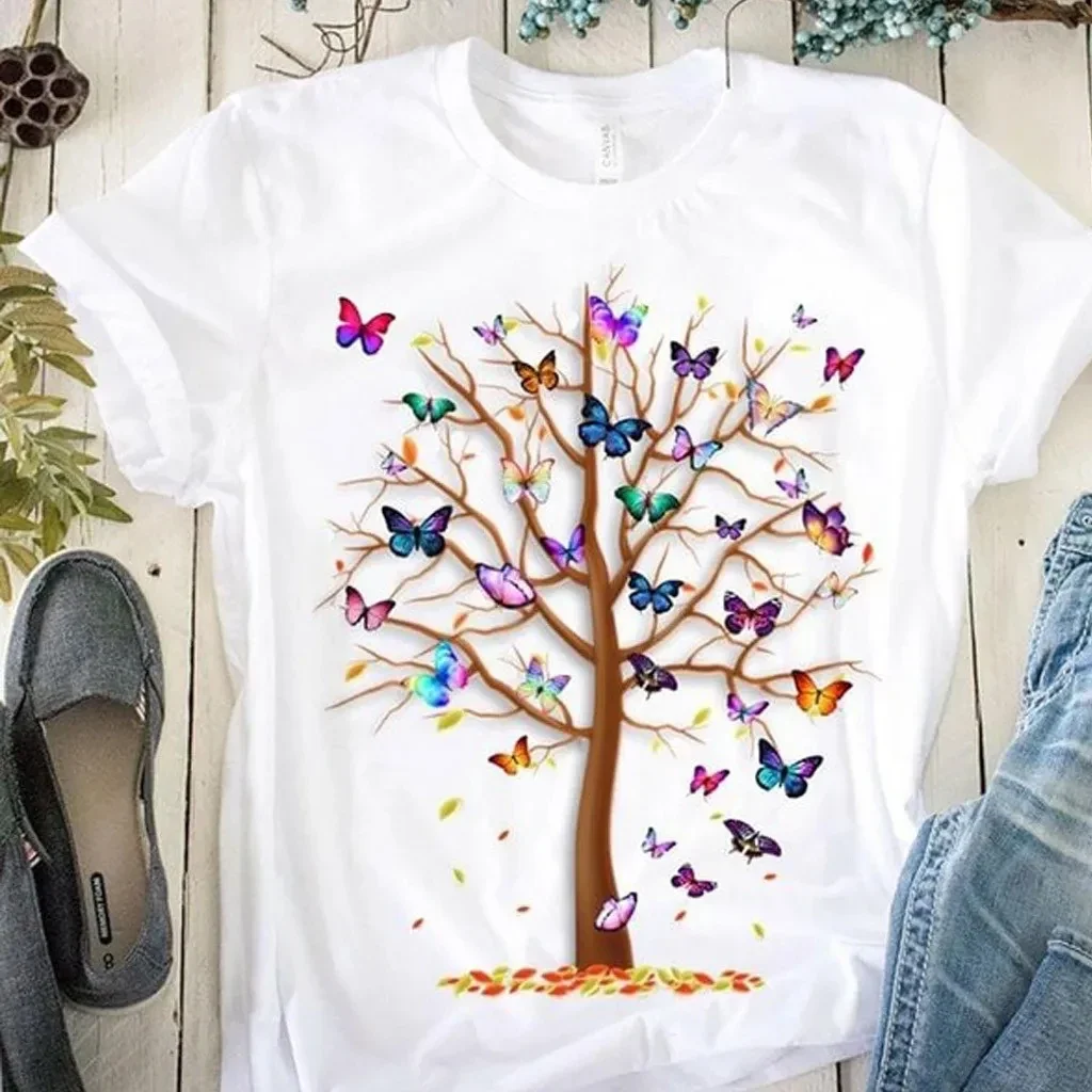 Damska koszulka z nadrukiem motyla w kształcie drzewa Harajuku T-shirt z okrągłym dekoltem i krótkim rękawem Casualowa letnia koszulka