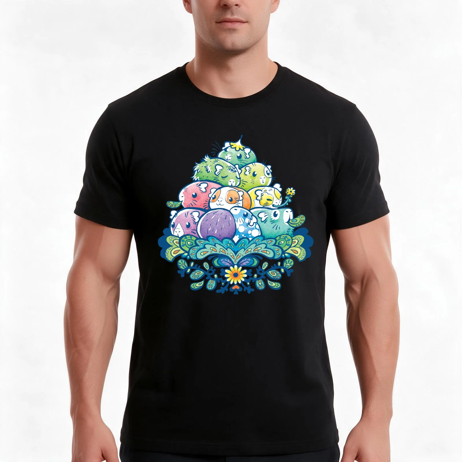 Blooming Piggy Pile in Blue T-Shirt, Summer Casual Cotton Tee, Oversized Streetwear Tops, Vintage Graphic Print, 100% Cotton