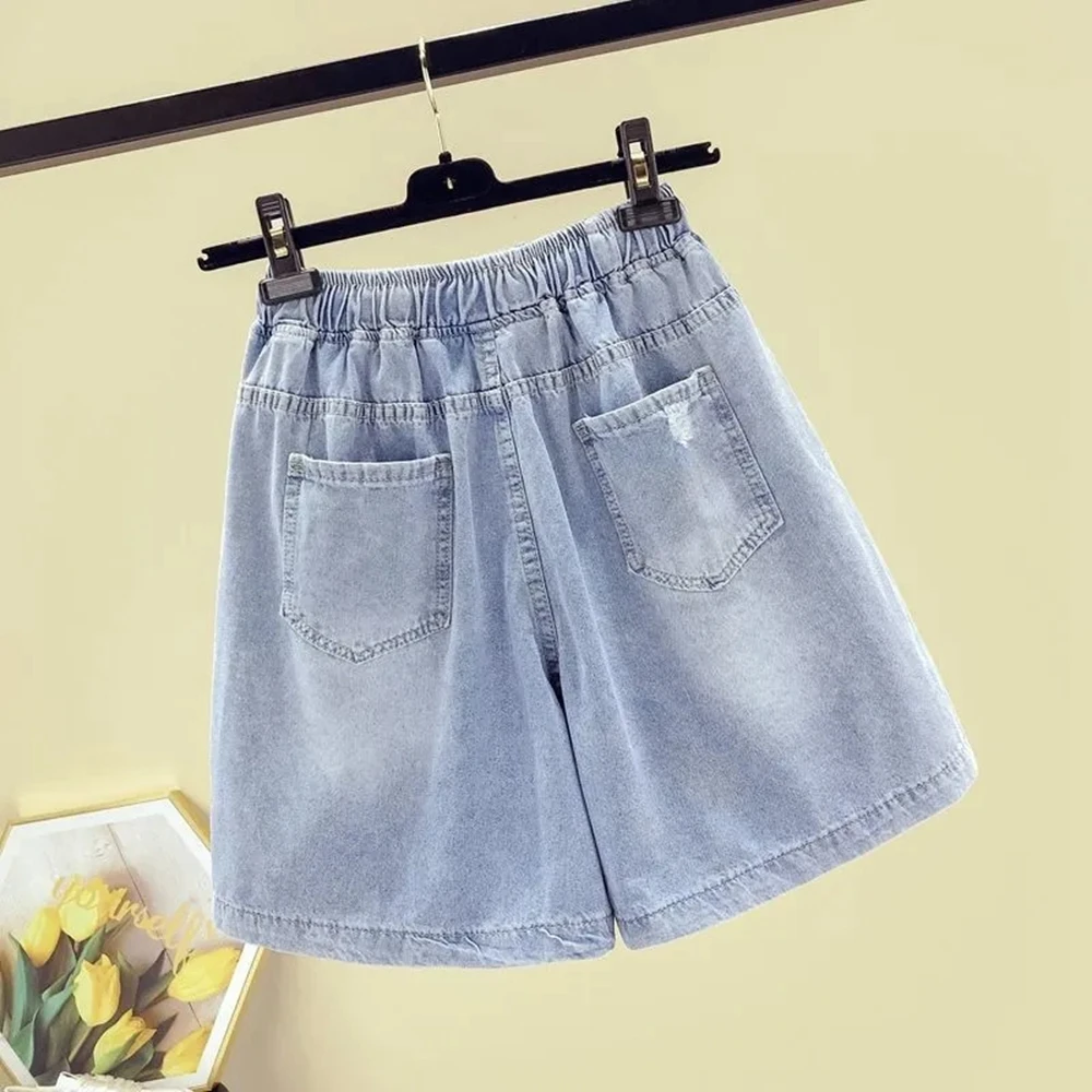 Summer Denim Shorts women Plus Size Elastic High Waist Ladies Shorts Female Hole Letter Loose Womens Denim Short Pants