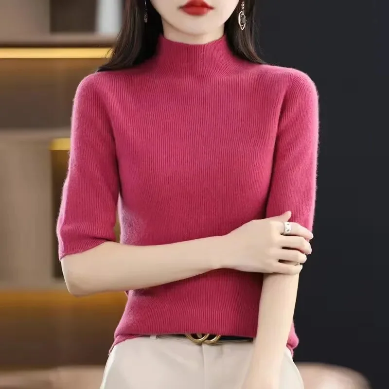 Women Sweater Spring Summer Knitted Pullovers Turtleneck Slim Fit Bottoming Shirts Short Sleeves Soft Knitwear Jumpers Sweaters