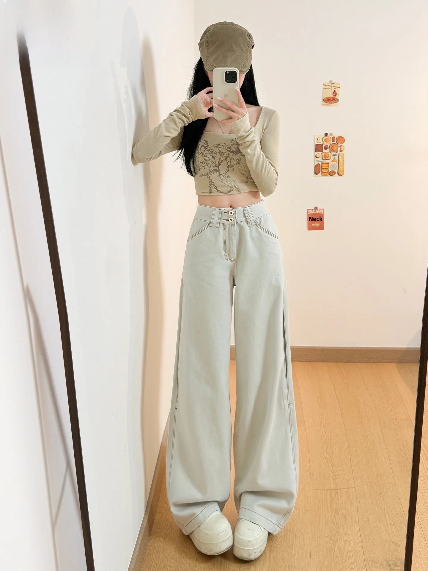 

American Style Soft Light Apricot Wide Leg Denim Pants Women's Loose Slim Straight Jeans Casual High Waist Button Fabric