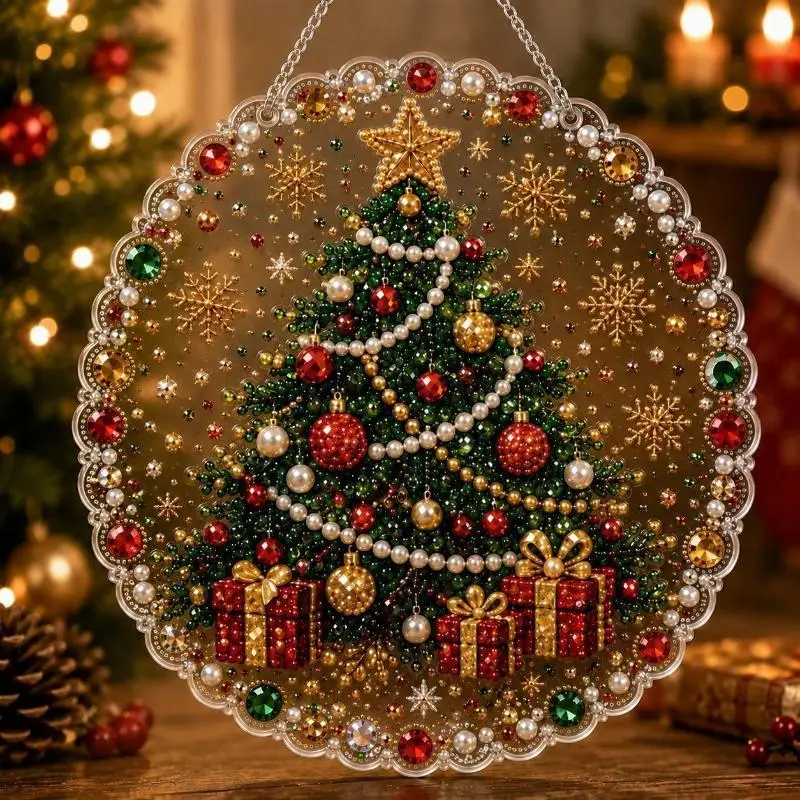 Christmas Pearl Painting Suncatcher Kit: Diy Craft Metal Chain 3d Mixed-sized Pearl Beads Festive Window