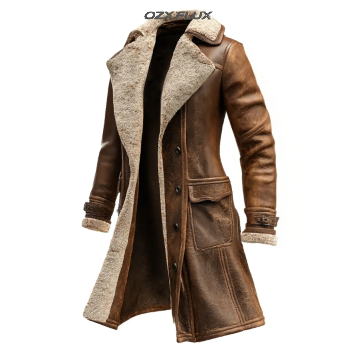 Women's Elegant Brown PU Leather Long Coat with Sherpa Collar Warm Lined Button Front Winter Outerwear with Pocket Details