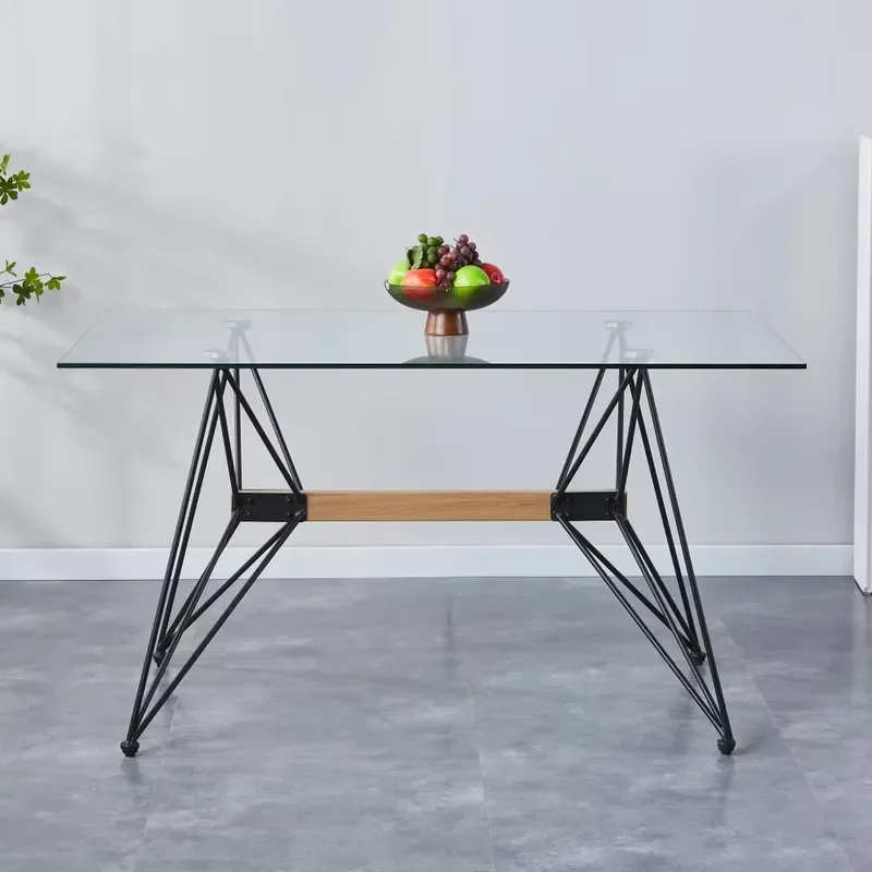 Bestselling Durable Clear Glass Tabletop Dining Table Modern Design Solid Wood Beam Metal Bracket Dining Table