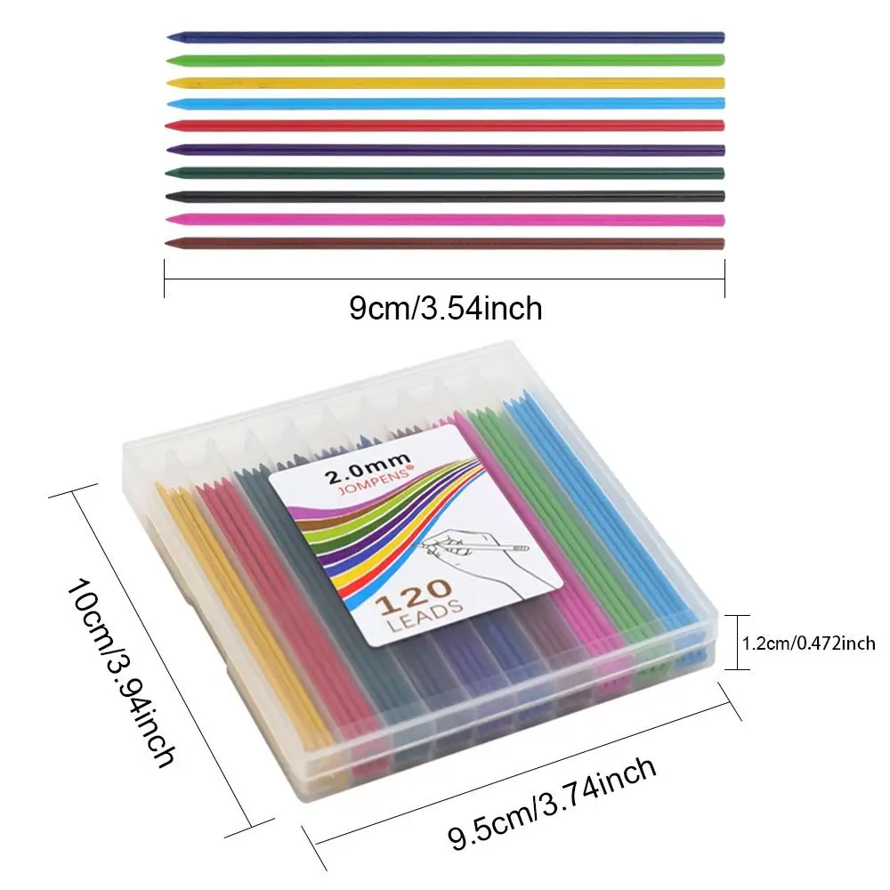 120 peças 2.0mm recarga de lápis de chumbo 10 cores lápis mecânico de grande capacidade chumbo arte esboço desenho suprimentos