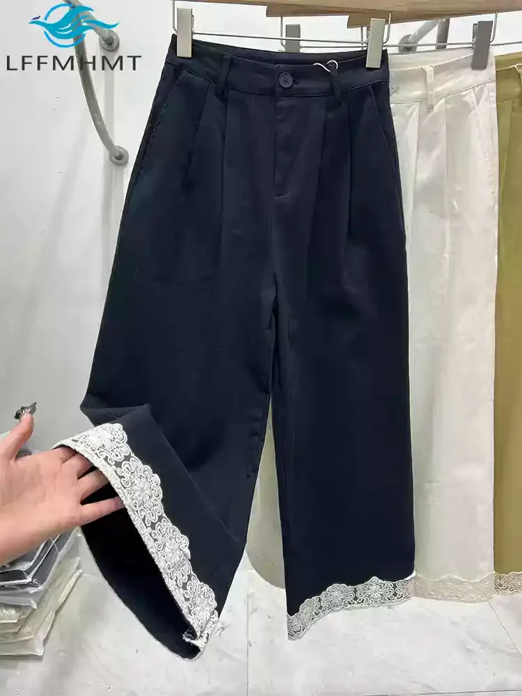 Creative Sweet Lace Patchwork Wide Leg Pants for Women Spring Fall Fashion Solid Color Loose Casual Trouser Female Streetwear