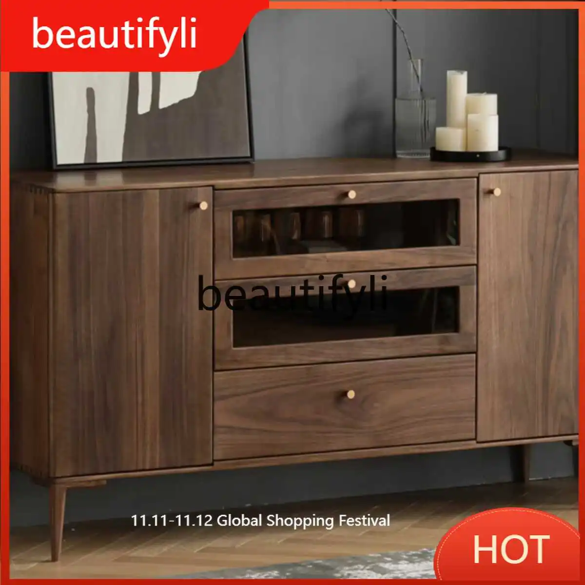 

North American black walnut solid wood locker tea cabinet modern simple side cabinet D80