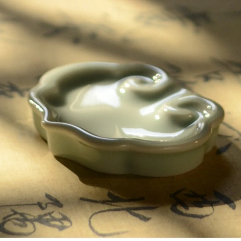 Longquan Celadon Ink Dish Brush Rest Paperweight for Chinese Calligraphy Desk Use Home Office Study Art Painting Inkstone Tool