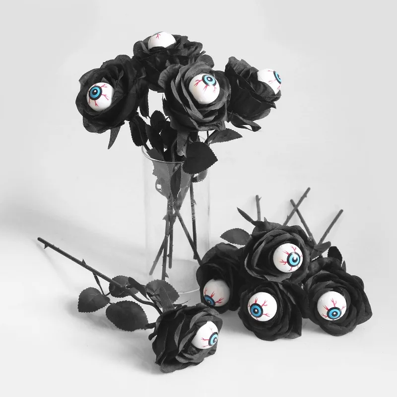 False eyeball rose false flower black single branch Halloween with eyeballs arrangement multi-colored decorative props