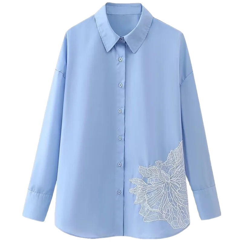 

Spring 2024 Loose Long Sve Embroidered Flower Decorated antung irt Women's New Arrival Top Straight Cut Collar