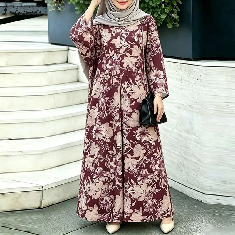 

ZANZEA Women Bohemain Muslim Abaya Dresses Hijab Dress Fashion Long Sleeve Floral Printed Sundress Dubai Robe Femme Vestidos
