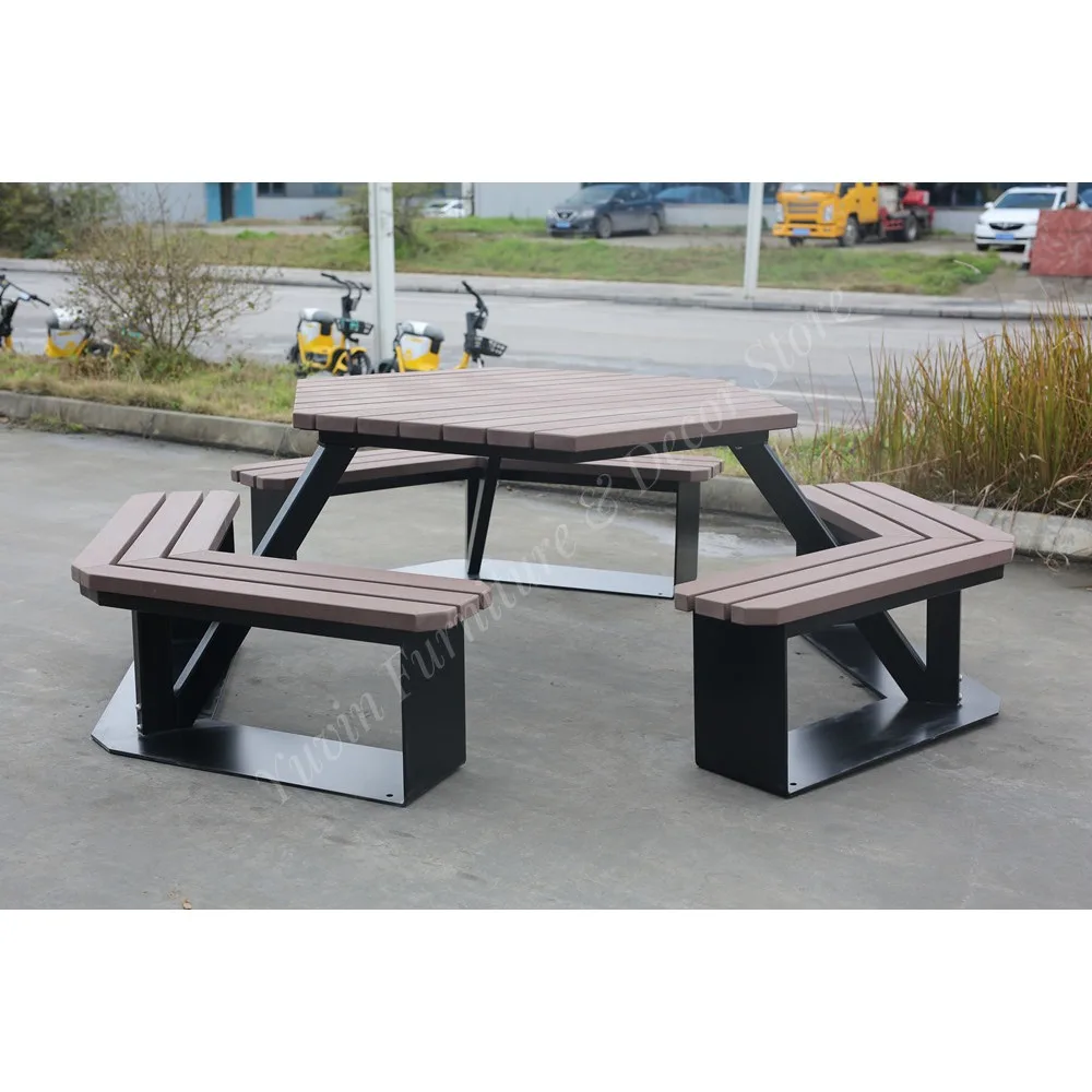 Outdoor Commercial Hexagonal Wood Picnic Table Garden Furniture Set Dining Table Outside Patio External Coffee Table with Bench