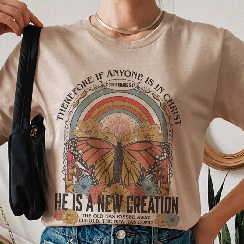 2 Corinthians 5:17 Women Bible Verse T Shirt Vintage Aesthetic Jesus Christian T-Shirts Short Sleeve Faith Shirt Religious Tops