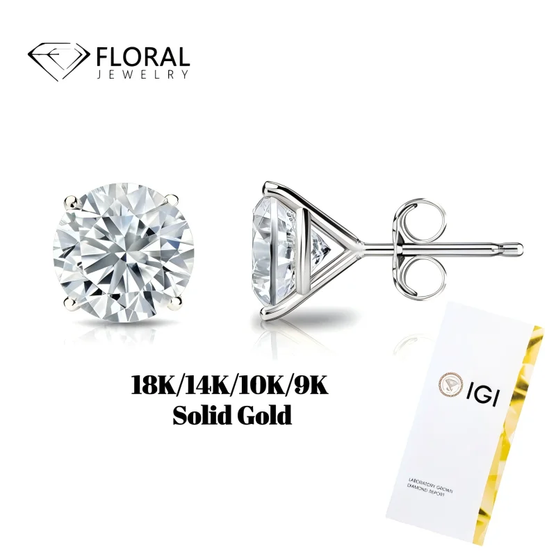 Pendientes solitarios de diamante cultivado en laboratorio, oro de 14K, oro de 18K, platino, con engaste de 4 puntas tipo Martini, certificados por IGI, para regalo.