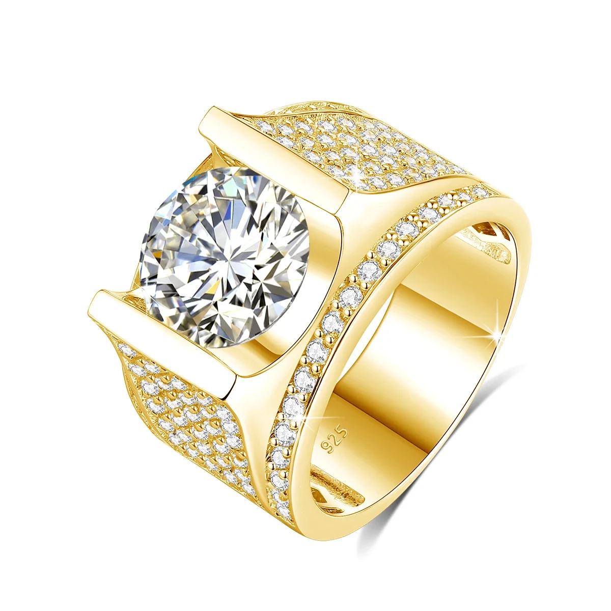 4CT 10MM D Color VVS1 Round Moissanite Ring GRA Certified Pass Diamond Tester S925 Sterling Silver 14K Gold Plated Chunky Hip Hop Band Men Wedding Engagement Luxury Fine Jewelry Gift