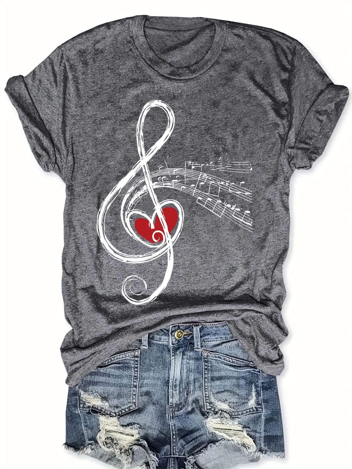 Women's Casual Crew Neck T-Shirt with Heart Print and Music Note Design Regular Fit Short Sleeve Tee for All Seasons