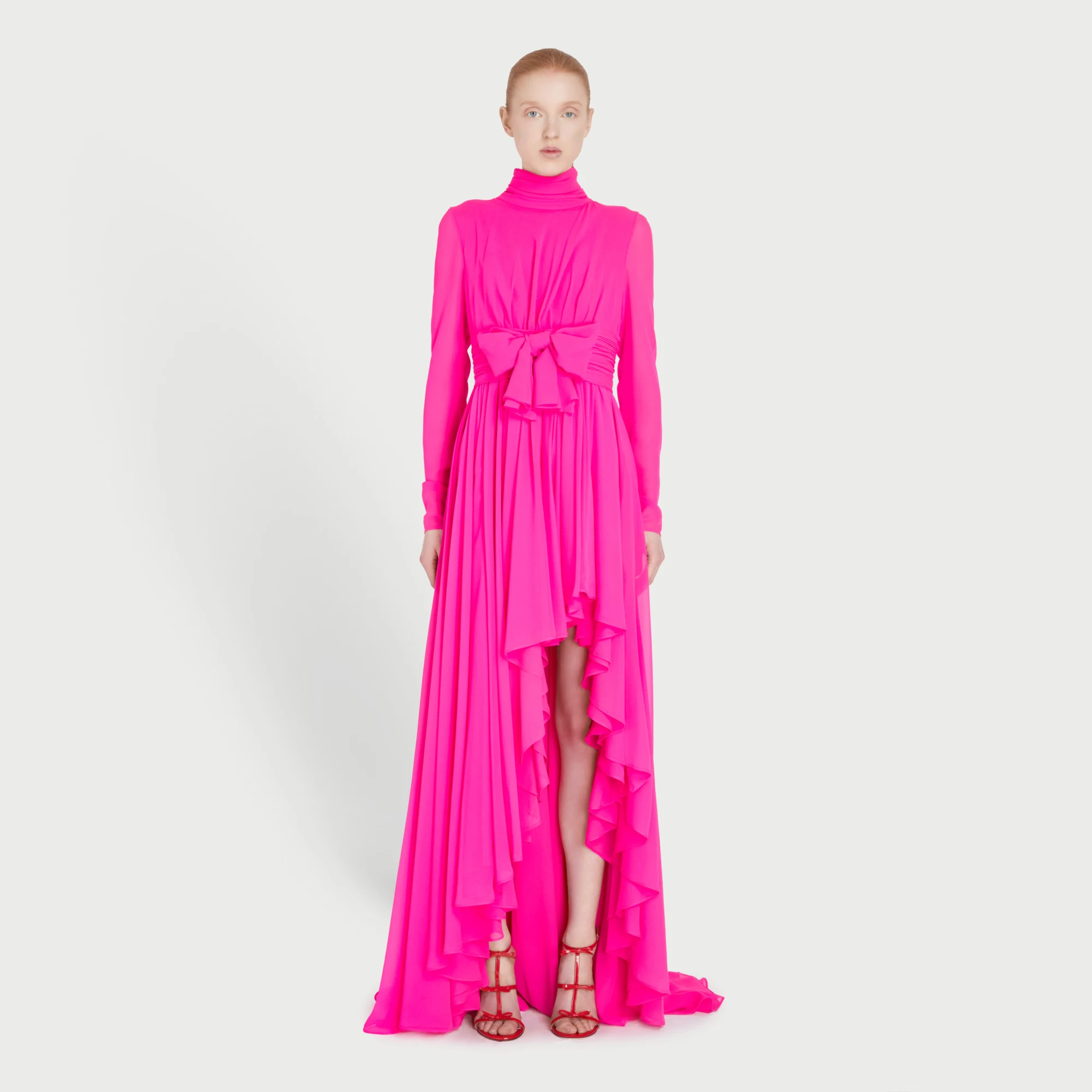 High End Hot Pink Asymmetrical Draped Dresses With Bow Modest High Collar Full Sleeves Women Maxi Dresses To Party