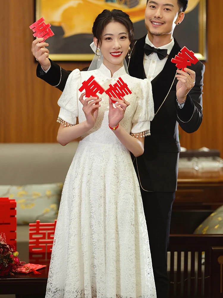 

Белое свадебное китайское кружевное вечернее платье-футляр с коротким рукавом и средней талией для женщин невысокого роста