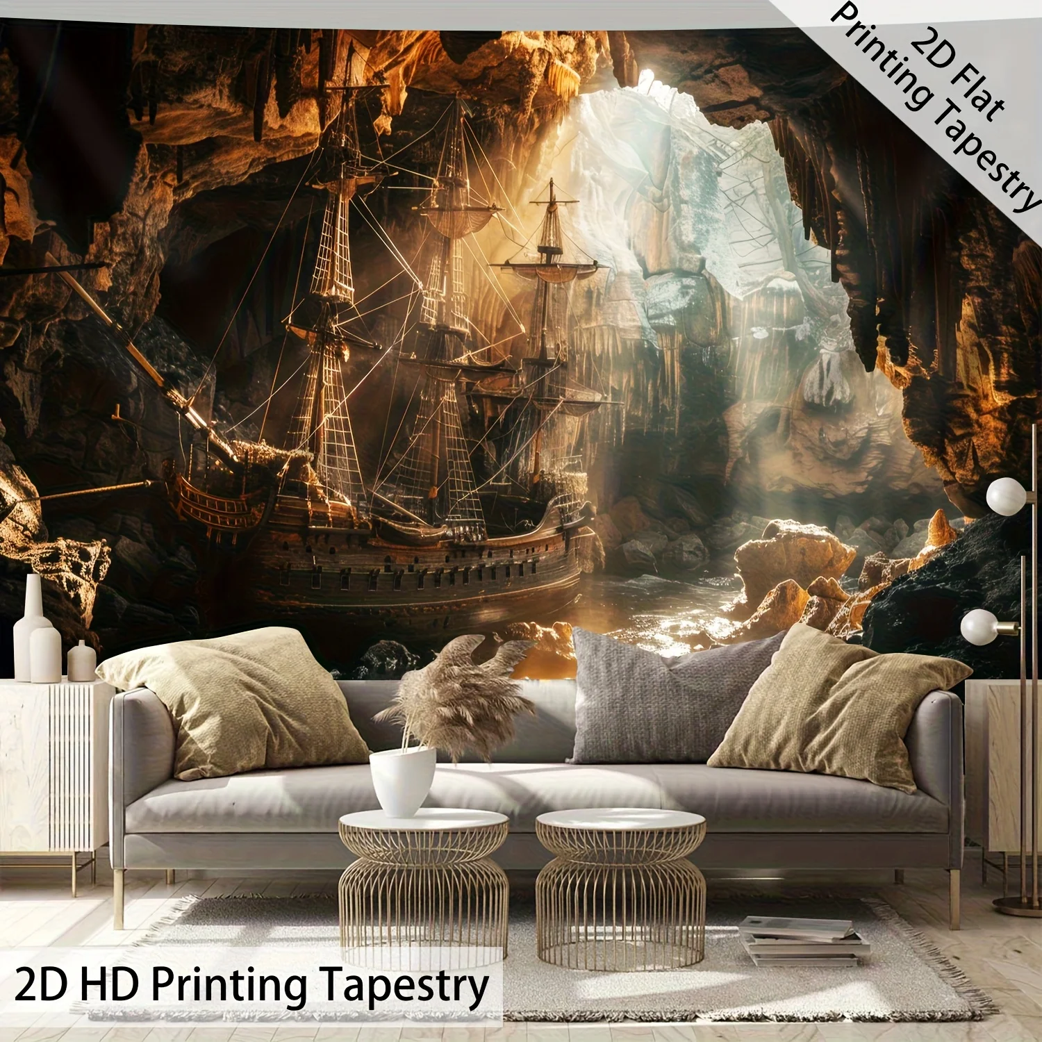 Large Fantasy Pirate Ship Tapestry Nautical Ocean Wall Hanging Decor Adventure Art Print for Living Room Bedroom