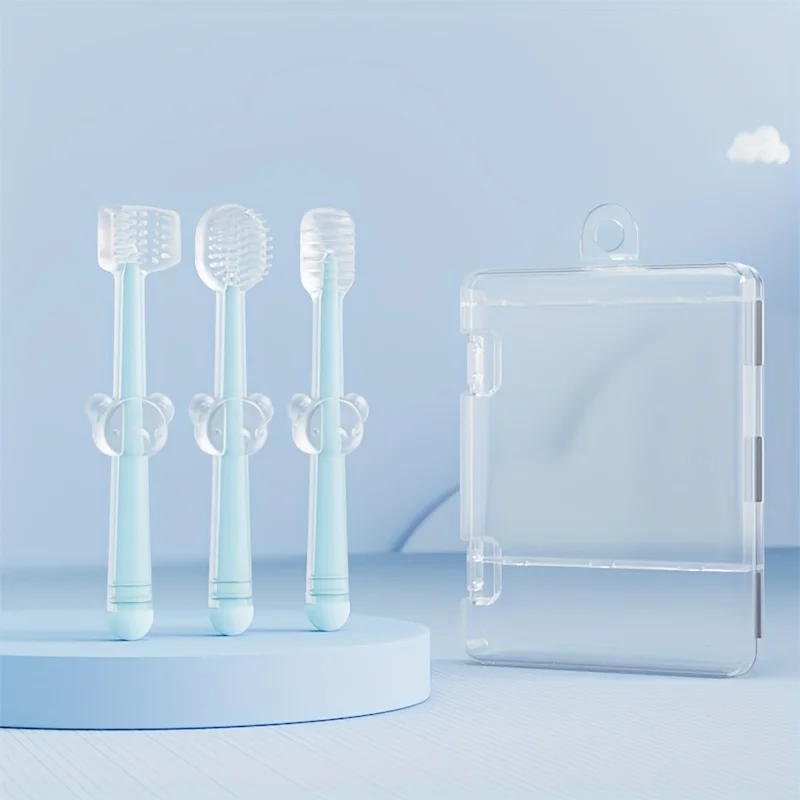 3pcs Silicone Baby Toothbrush with Case, Oral and Tongue Coating Cleaning Brush, Portable Oral Care for Travel