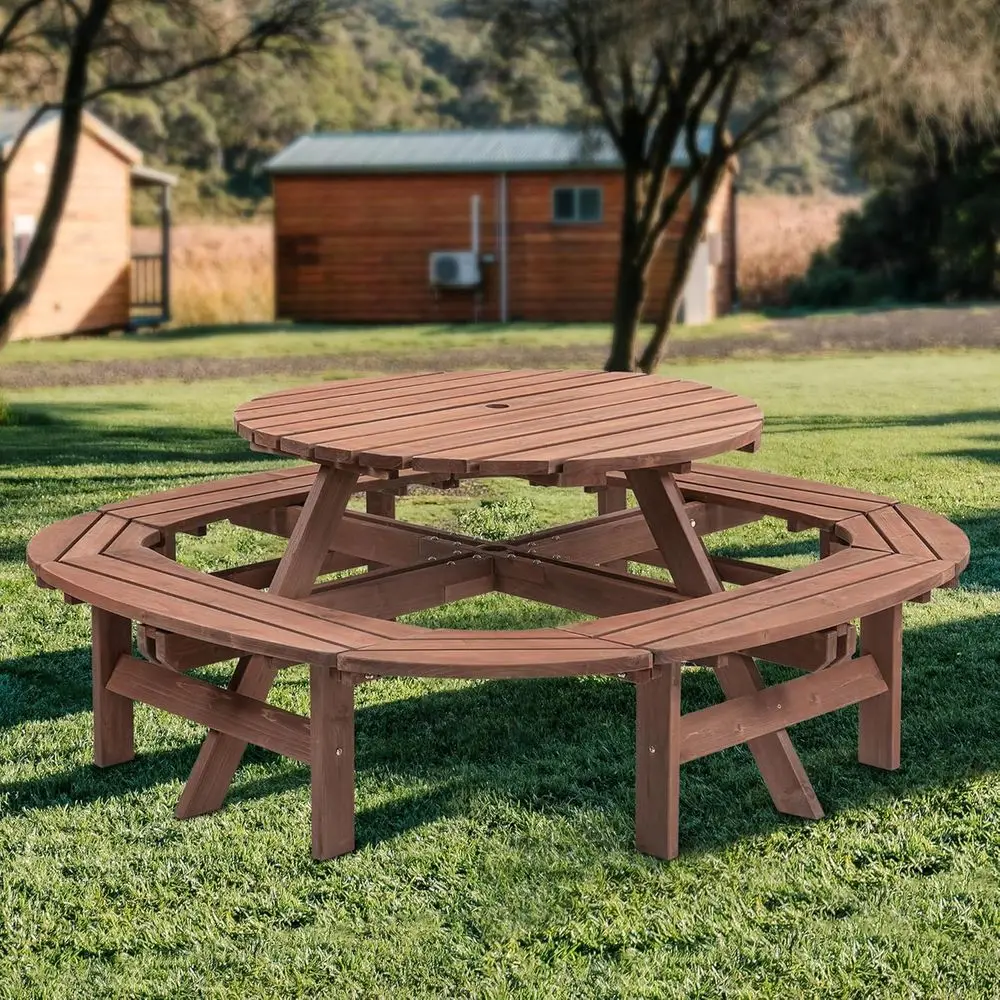 

12-Person Round Outdoor Picnic Table with Umbrella Hole, Built-in Ring Stool, Walnut Brown Wooden Set for Patio, Backyard