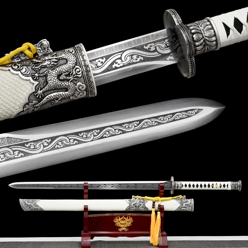 

110cm Medieval White Fairy Dragon Tang Sword T10 Steel Blade Real Full Tang Sharp Samurai Swords Ready Training Kongfu Katanas
