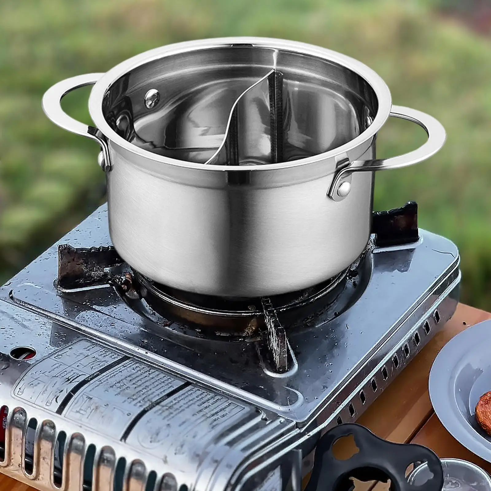 Divided Stainless Steel Mini Cooking Pot Quick Heating Side Handle for Kitchen Camping Family Gathering