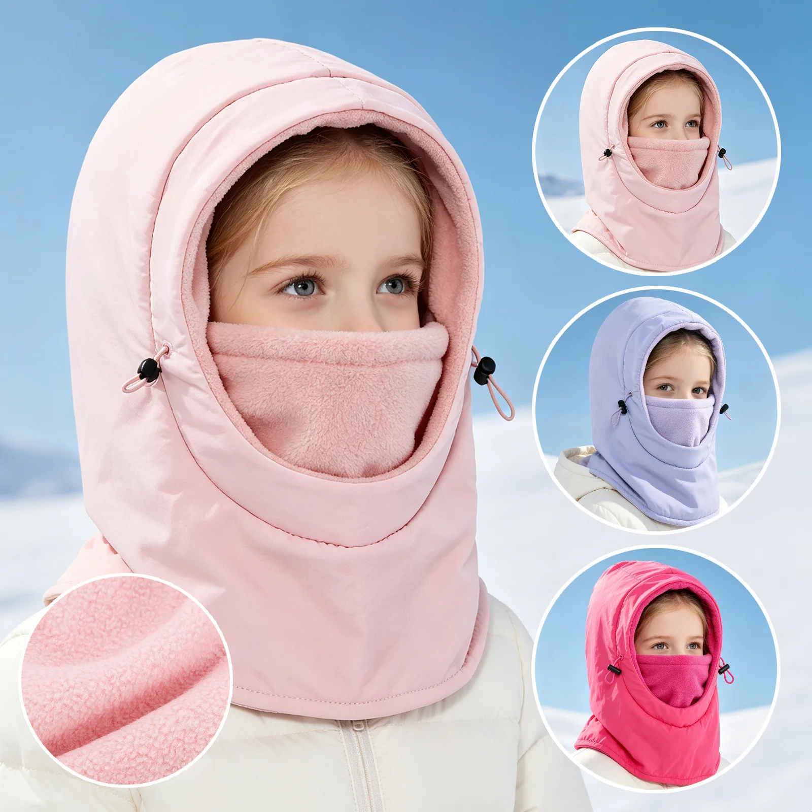 Winter Fleece Solid Kids Balaclava Hat Windproof Warm Face Mask Adjustable Drawstring Outdoor Skiing Hat for Boys Girls