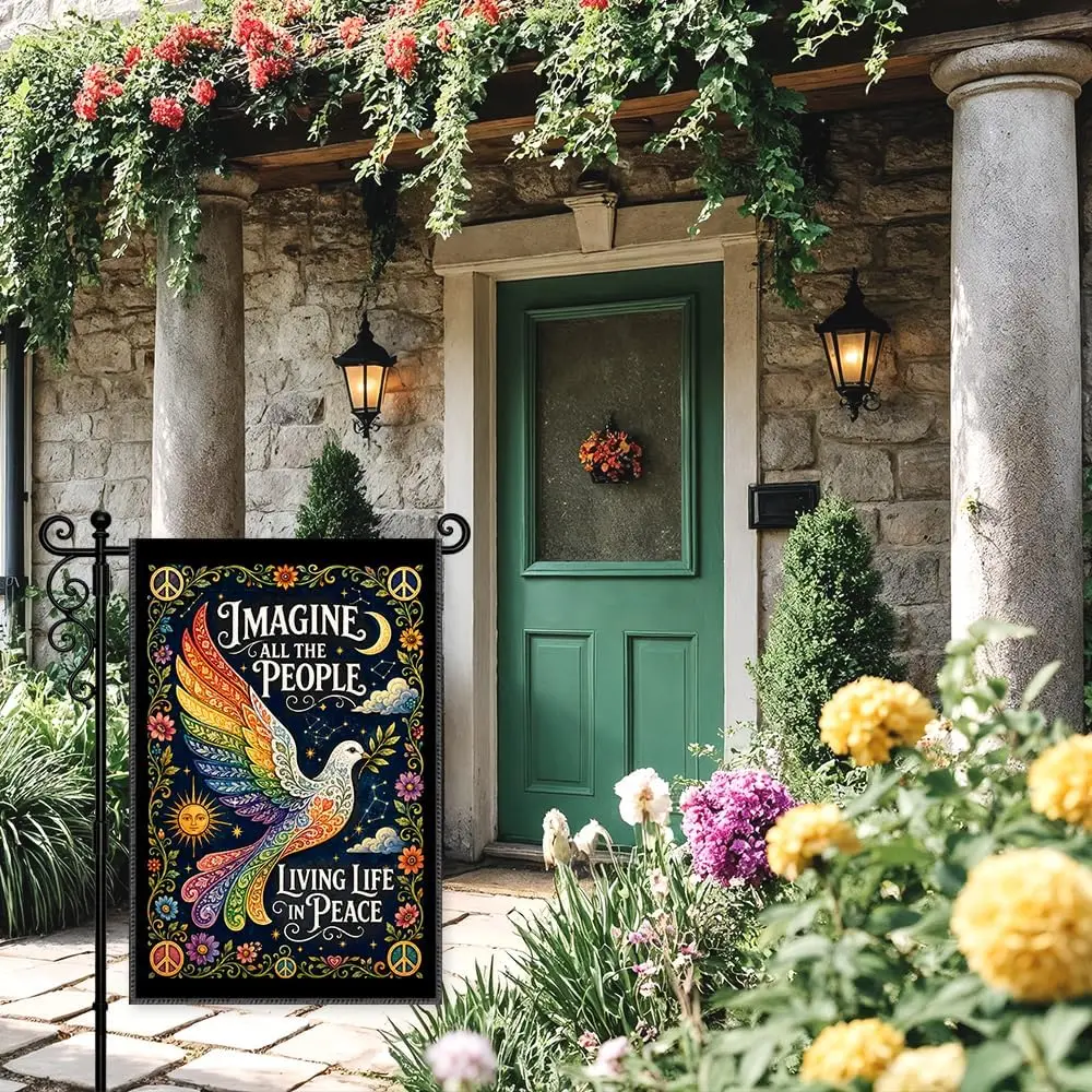 Imagine All the People Living Life Rainbow Dove Garden Flag Gifts yyi