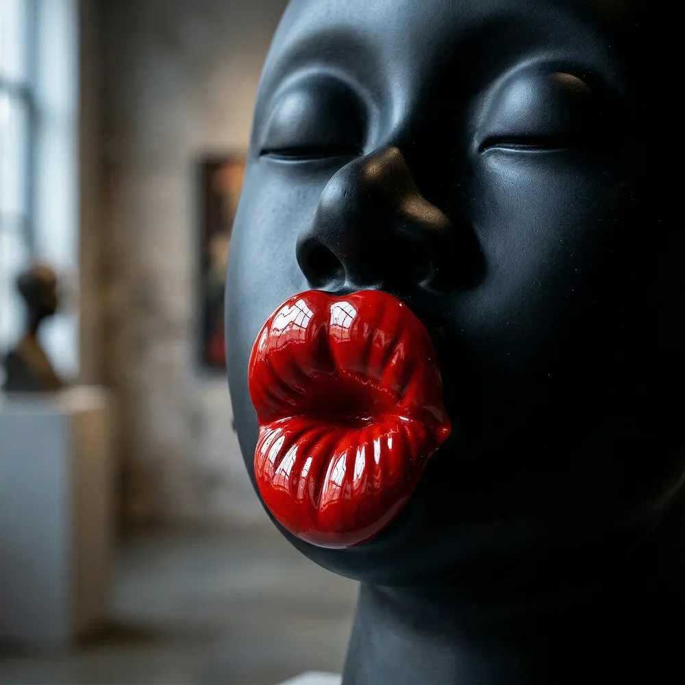 Modern Black Red Lip Desktop Female Figure Head Decoration Home Soft Decoration Resin Crafts