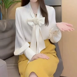 White Bow Lacing Office Shirt for Women Spring Autumn New Long Sleeve Solid Temperament Loose Blouse Fashion Elegant Clothing