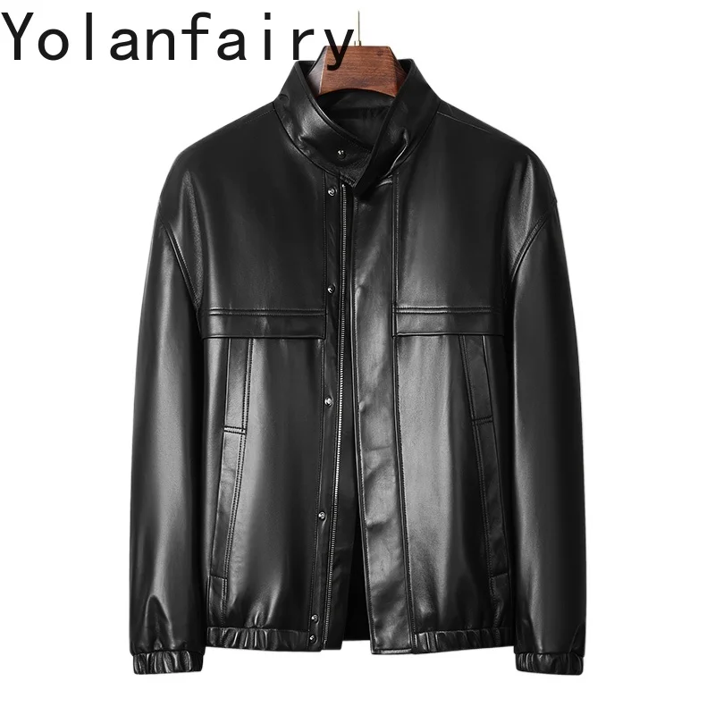 

YOLANFAIRY Real Sheepskin Jacket Man Leather Coat Autumn Winter Short Genuine Leather Jackets Stand Collar Black Motorcycle Wear