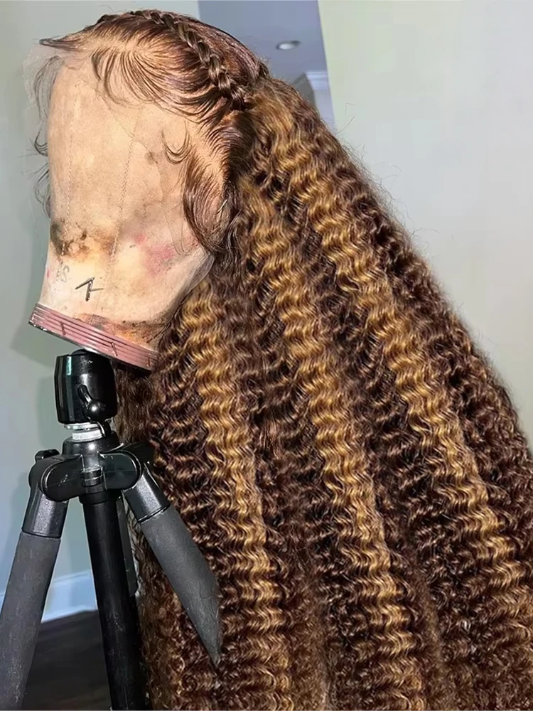 

Парик-фронтал 13x6 HD Deep Wave Ombre Highlight из натуральных волос, 40-42 дюйма, 13x4 Water Curly, окрашенный в цвете 4/27, с кружевной передней частью, 250% плотность