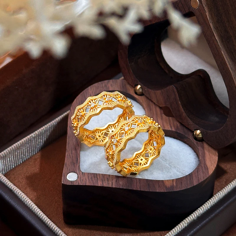 999 Gold Lace Hollow Out Diamond Ring, Light Luxury Vintage Filigree Design, Daily Commute Gift For Girlfriendte Jewelry