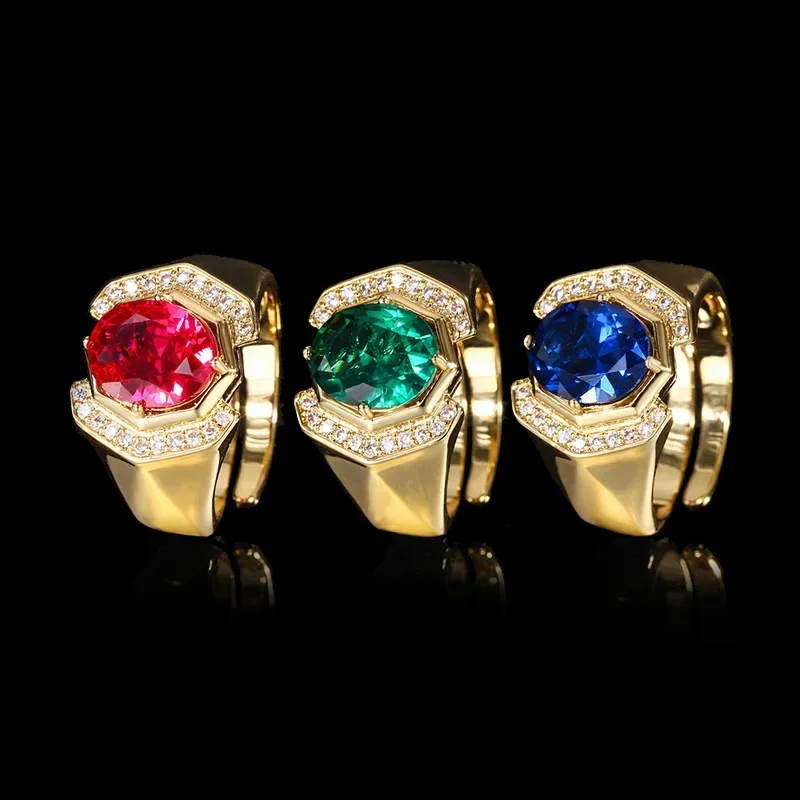 

Charms Adjustable Gold Plated Ring with Emerald Ruby Oval Gemstones Vintage Style Statement for Women Jewelry Luxury Accessories